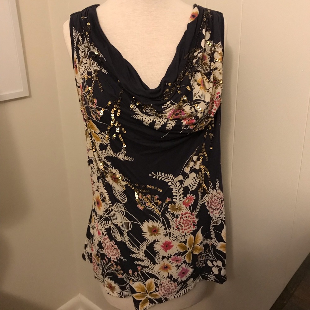 Anthropologie Deletta Navy Floral Tank sequins L